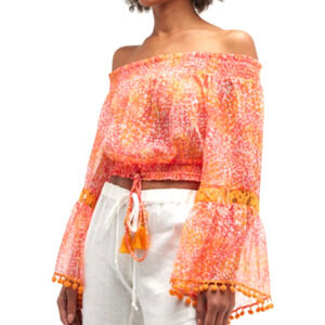 Ramy Brook Dash Cropped Peasant Boho Sheer Chiffon Smocked Off Shoulder Top XS